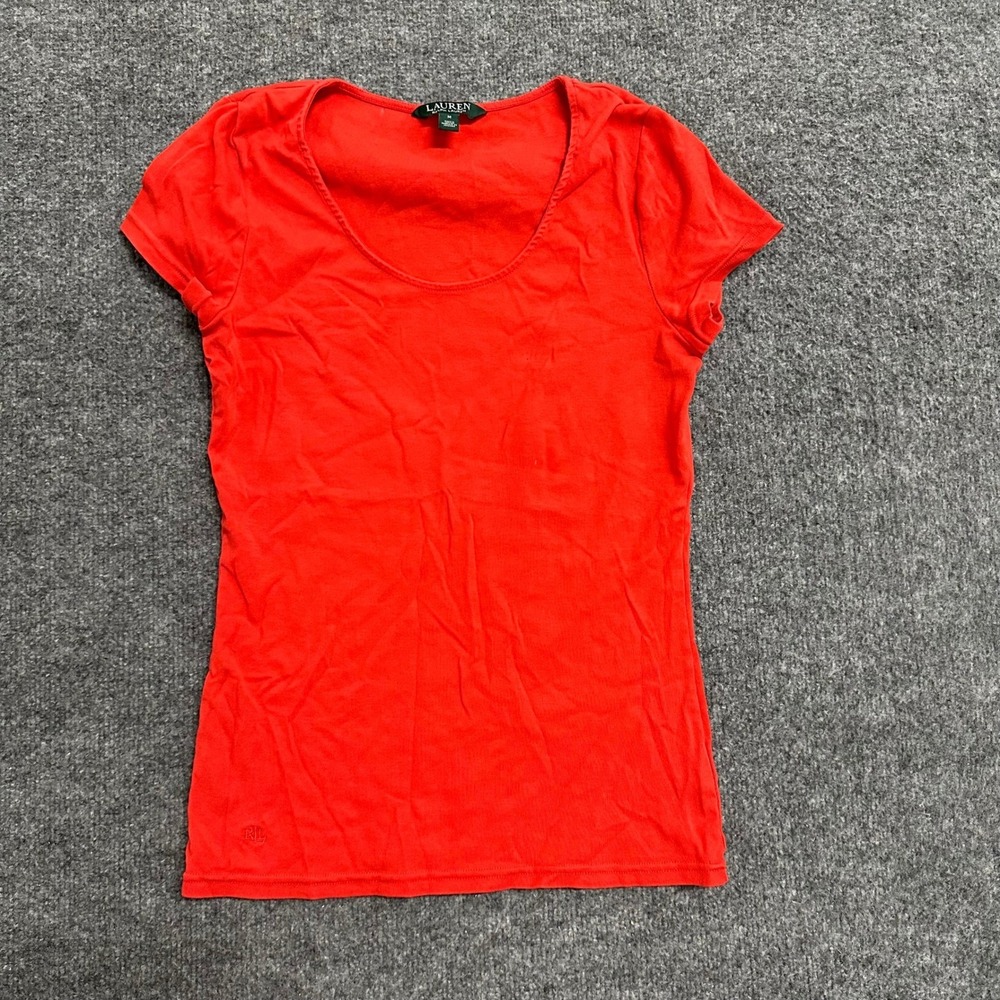 Lauren Ralph Lauren T-Shirt Womens Size M Red Scoop Neck Short Sleeve Slim Fit